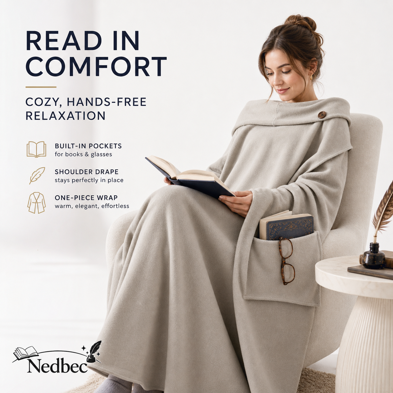 Nedbec Wearable Reading Blanket with Built-in Pockets, Hands-Free Cozy Shoulder Drape Wrap Blanket for Reading, Lounging, Sofa, Chair, Bedroom, Travel, Gifts for Women