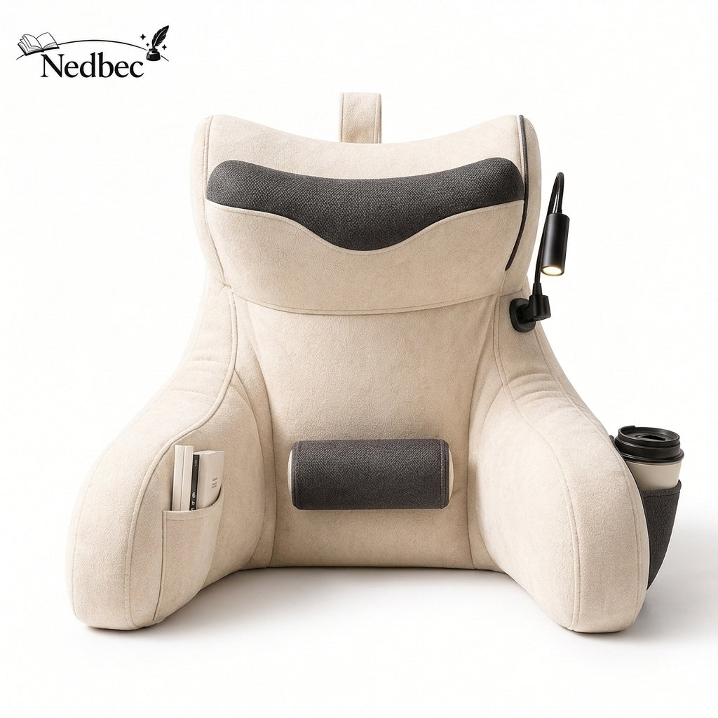 Nedbec Reading Pillow Chair with Arms, Back Support, Side Pockets and Cup Holder - Cozy Bedrest Pillow for Reading, Watching TV, Gaming, Relaxing, Dorm Room and Bedroom