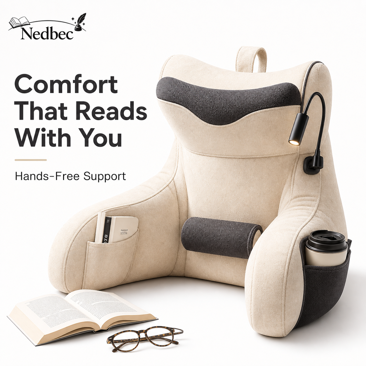 Nedbec Reading Pillow Chair with Arms, Back Support, Side Pockets and Cup Holder - Cozy Bedrest Pillow for Reading, Watching TV, Gaming, Relaxing, Dorm Room and Bedroom