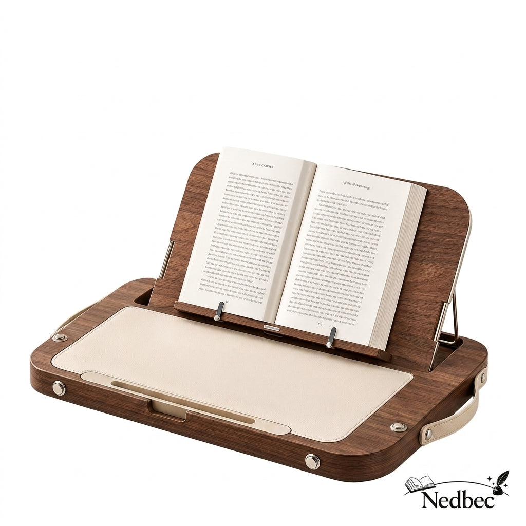 Nedbec Foldable Wooden Book Stand, Portable Reading Tray with Cup Holder & Phone Slot, Adjustable Hands-Free Book Holder for Bed, Sofa, Desk, Study, Recipes, Tablets & Journals