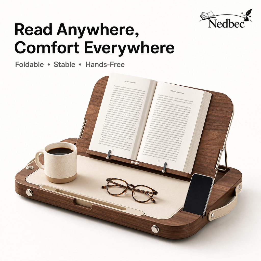 Nedbec Foldable Wooden Book Stand, Portable Reading Tray with Cup Holder & Phone Slot, Adjustable Hands-Free Book Holder for Bed, Sofa, Desk, Study, Recipes, Tablets & Journals