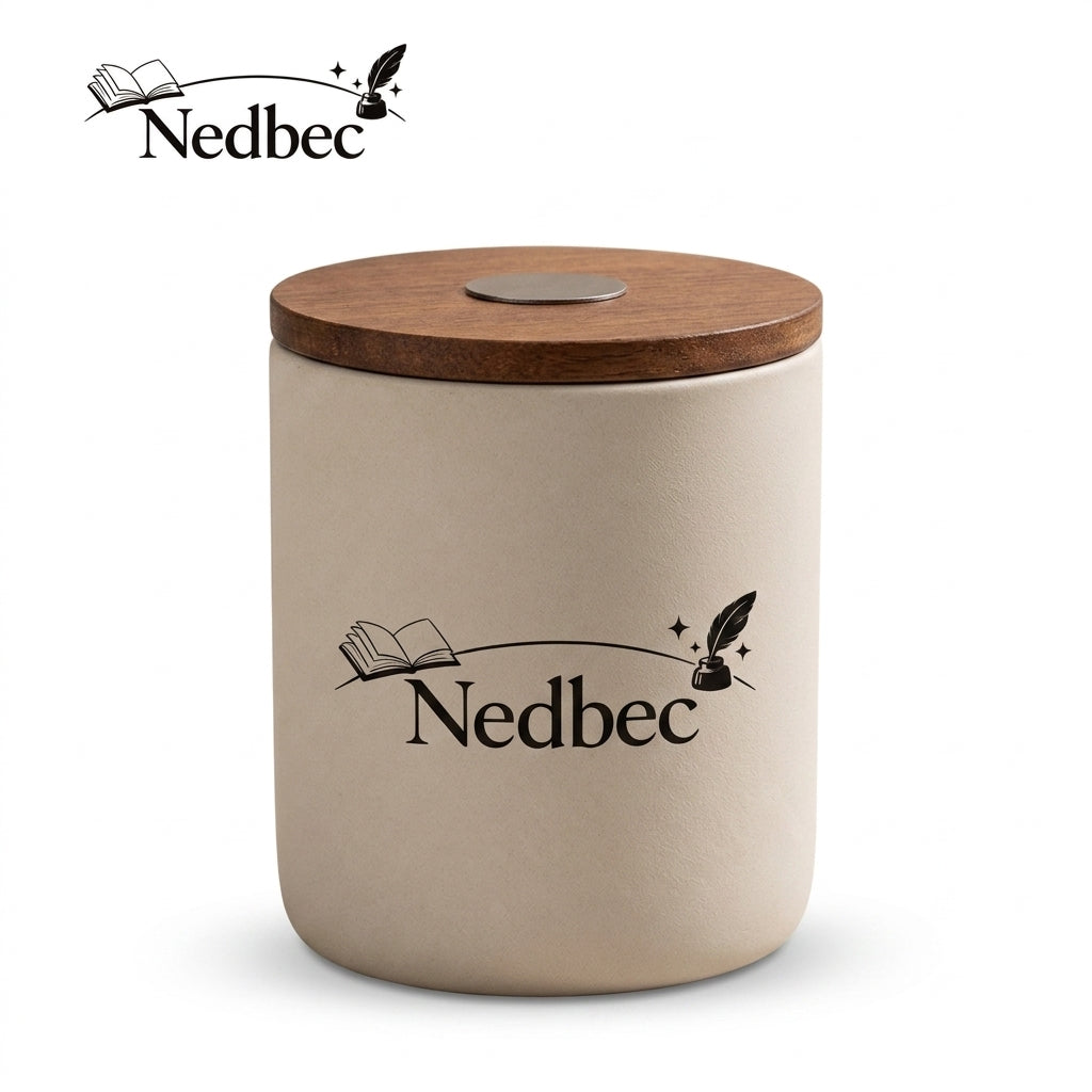Nedbec Refillable Scented Candle Jar, Clean Burn Ceramic Candle with Wooden Lid, Cozy Home Fragrance Candle for Bedroom, Bathroom, Living Room, Relaxation, Self-Care & Gift Giving