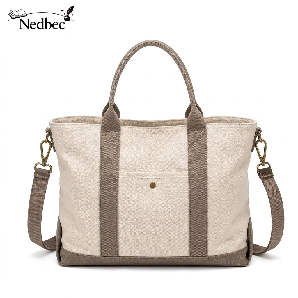 Nedbec Canvas Tote Bag for Women and Men, Large Everyday Carry Tote, Spacious Work Bag with Front Pocket, Top Handles and Removable Shoulder Strap
