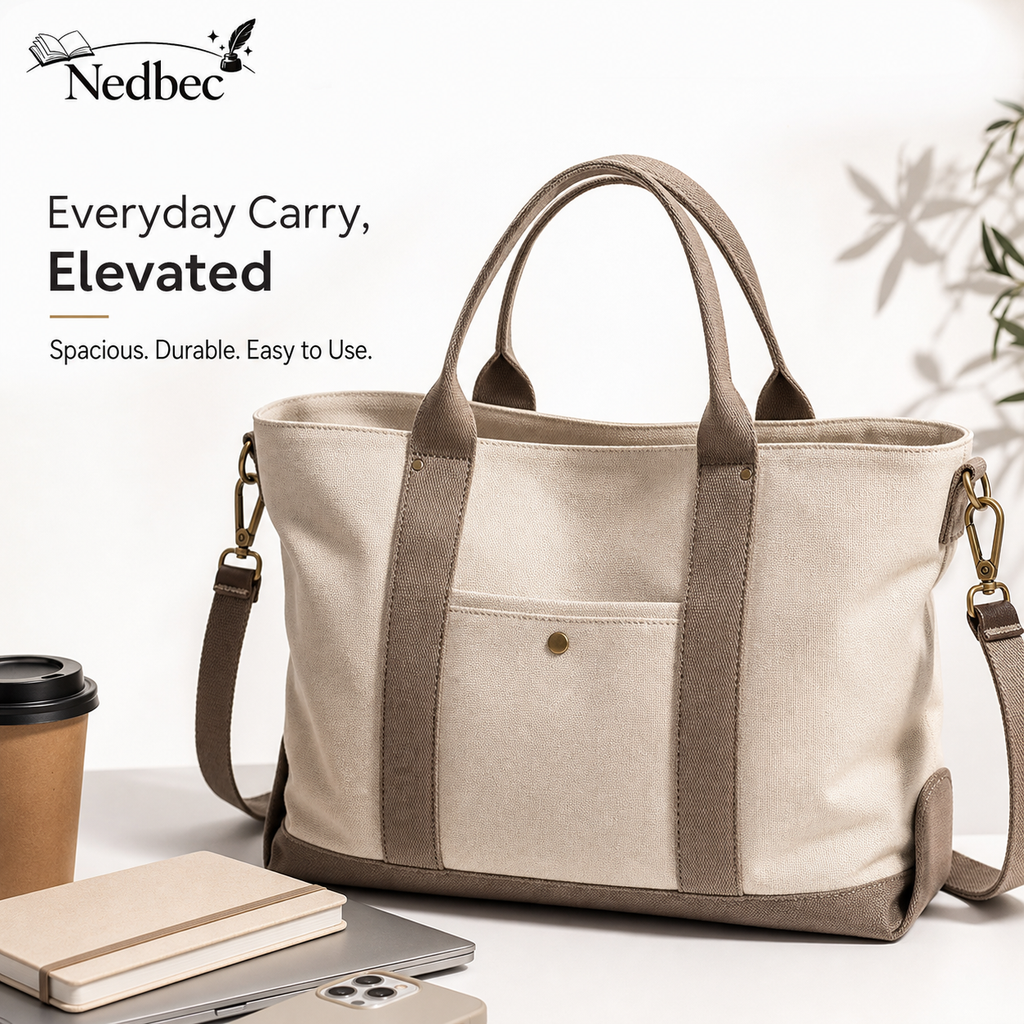 Nedbec Canvas Tote Bag for Women and Men, Large Everyday Carry Tote, Spacious Work Bag with Front Pocket, Top Handles and Removable Shoulder Strap
