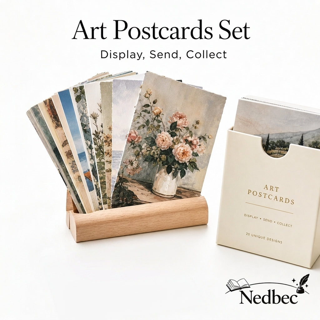 Nedbec Art Postcards Set, Vintage Floral & Landscape Postcard Collection with Wooden Display Stand and Storage Box, Decorative Art Cards for Desk Decor, Wall Display, Journaling, Gifting, Collecting, Mailing