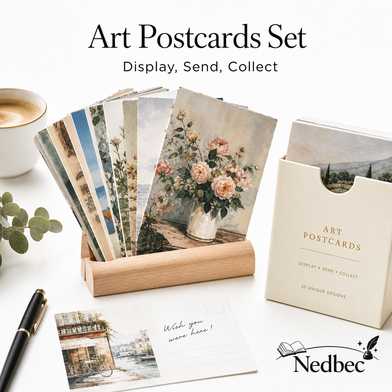 Nedbec Art Postcards Set, Vintage Floral & Landscape Postcard Collection with Wooden Display Stand and Storage Box, Decorative Art Cards for Desk Decor, Wall Display, Journaling, Gifting, Collecting, Mailing