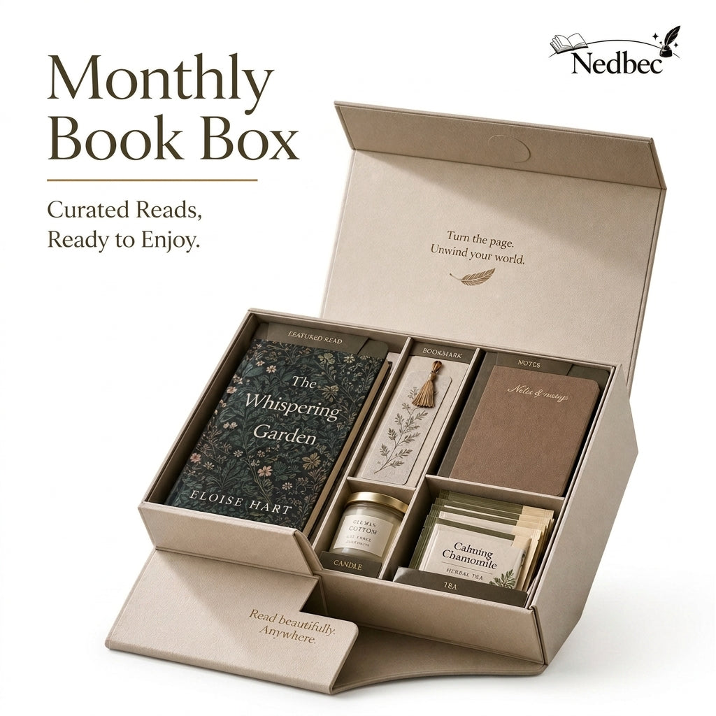 Nedbec Monthly Book Box, Curated Book Box for Book Lovers, Literary Gift Set with Novel, Bookmark, Notebook, Candle, and Herbal Tea, Cozy Reading Subscription Box