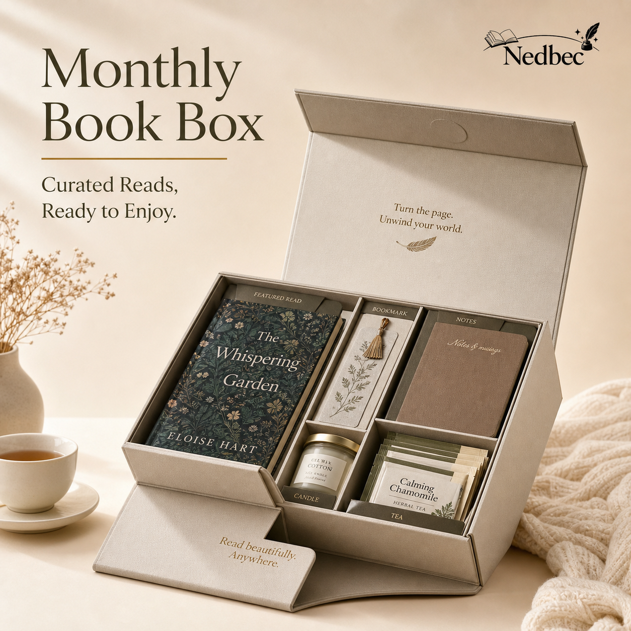 Nedbec Monthly Book Box, Curated Book Box for Book Lovers, Literary Gift Set with Novel, Bookmark, Notebook, Candle, and Herbal Tea, Cozy Reading Subscription Box
