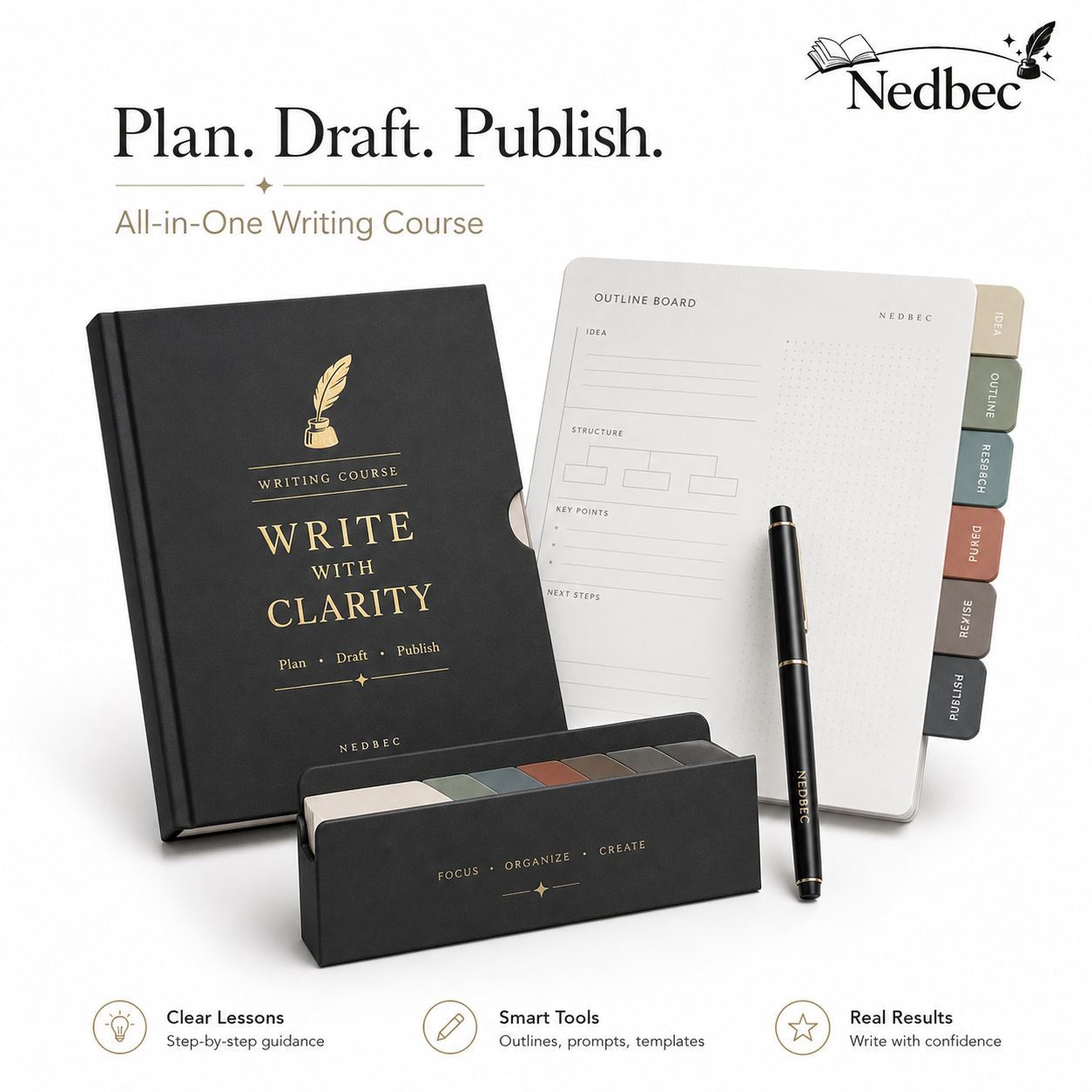 Nedbec All-in-One Writing Course Notebook Set | Writing Journal, Outline Board, Draft Planner, Creative Writing Workbook, Essay Planning Kit, Premium Writing Tools